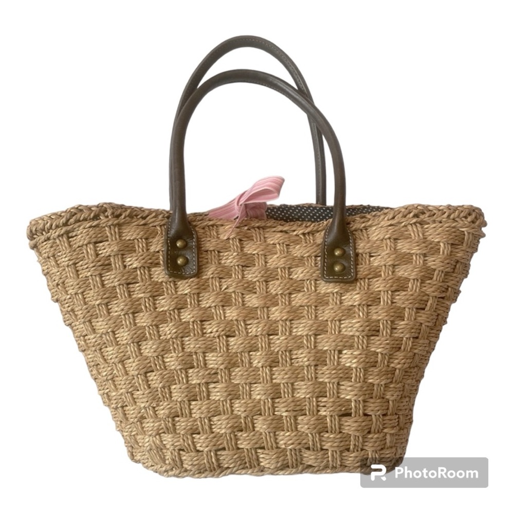 J. Crew sea grass woven tote with pink ribbon